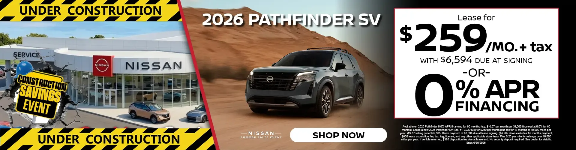 Bella Nissan of Venice lease the 2026 Pathfinder SV for $259 per month or get zero percent financing.